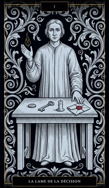 Une figure debout derrière une table, la main levée où brûle une petite flamme d'or ; sur la table, une pièce, une clé, une chandelle et une lettre fermée d'un sceau de cire.