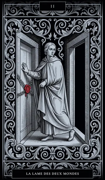 Une figure entre deux portes : sa main retient celle de gauche, fermée par une chaîne et un sceau de cire ; son corps est déjà tourné vers celle de droite, ouverte sur le noir.