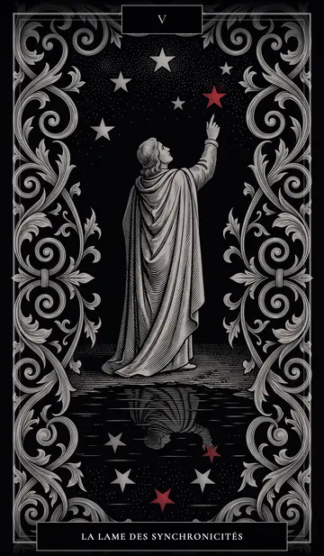 Une figure de dos, la tête levée vers un ciel de cinq étoiles, le bras tendu vers l'une d'elles ; à ses pieds, l'eau noire répète la même figure.