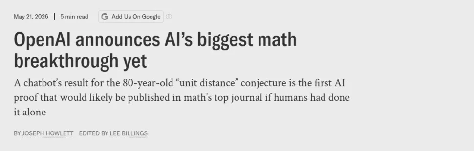 Capture de Scientific American, 21 mai 2026, titrée « OpenAI announces AI's biggest math breakthrough yet ».